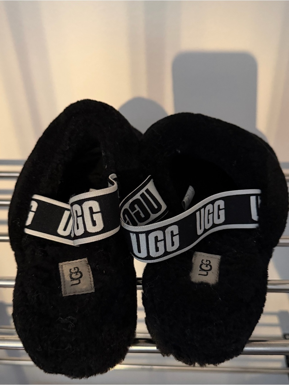 UGG Black Fluff Slide with Branded Strap